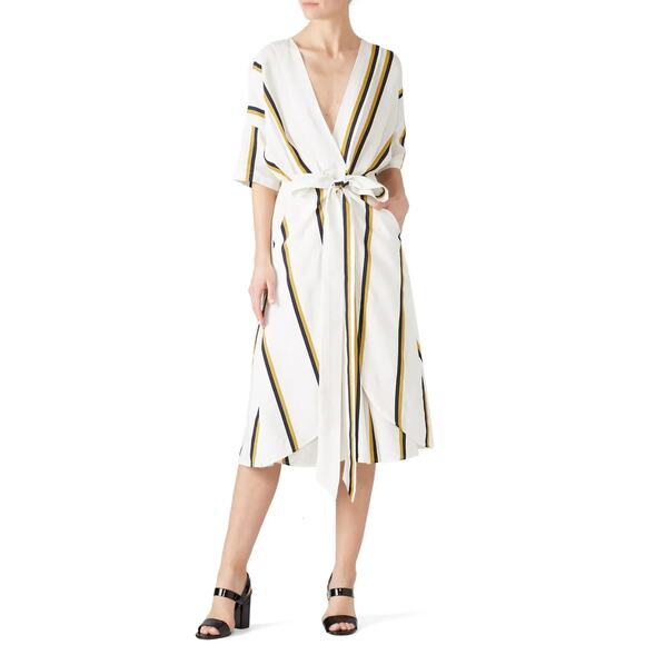 Sancia Anika Womens Plunge V-Neck Wrap Tie Short Sleeves Striped Dress Small - Picture 1 of 12